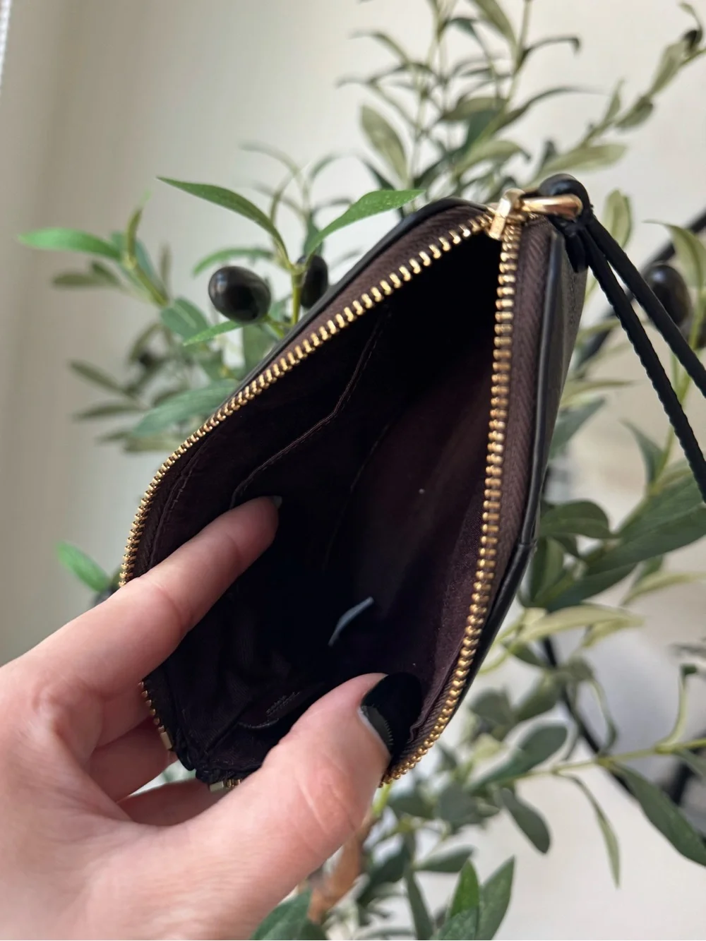Coach Walnut & Black Corner Zip Wristlet In Signature Canvas With Stripe